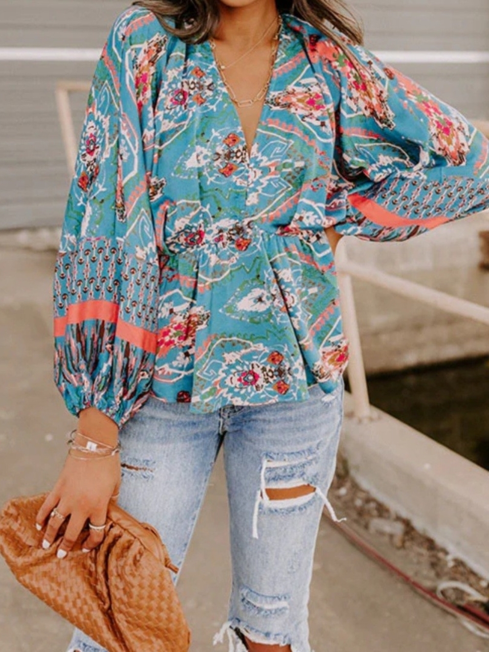 Entro Women's Cinched Waist Boho Abstract Pattern Top W/Balloon Sleeves; Size M